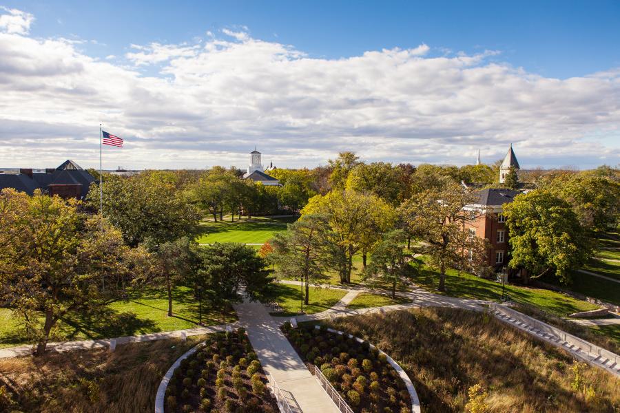 A view from the rooftop of the Sanger Center for the Sciences shows a park-like Beloit College campus.