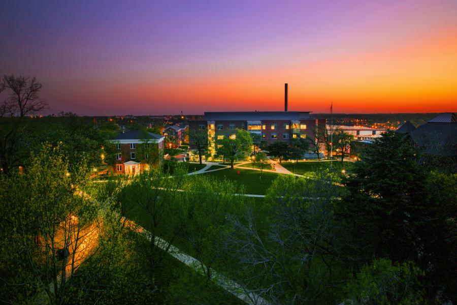 Looking North towards the Sanger Center for the Sciences in a Spring evening.